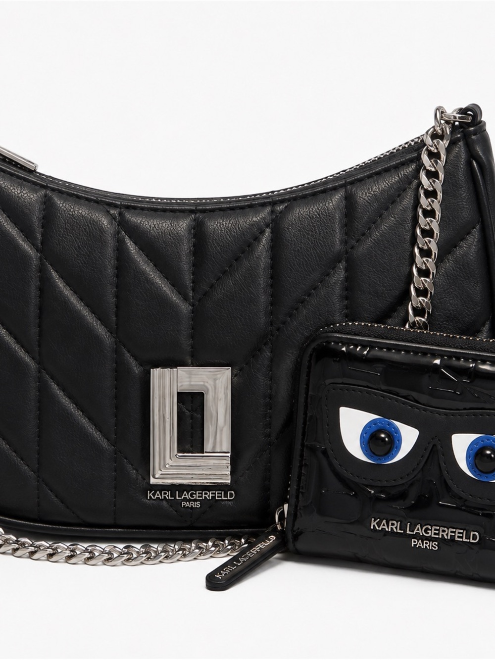 Karl Lagerfeld Black Quilted Mini Chain Saddle Bag with card holder.